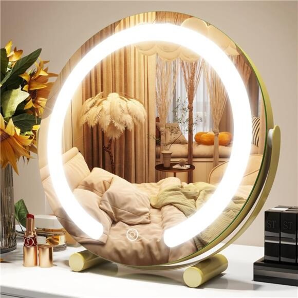 Gold Vanity Mirror, 12 Inch Makeup Mirror with Lights, Large Lighted Vanity - Picture 1 of 7